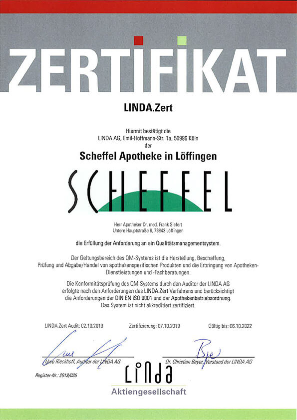 Scheffel Linda Apotheke Loeffingen 2019 Linda-Zertifikat